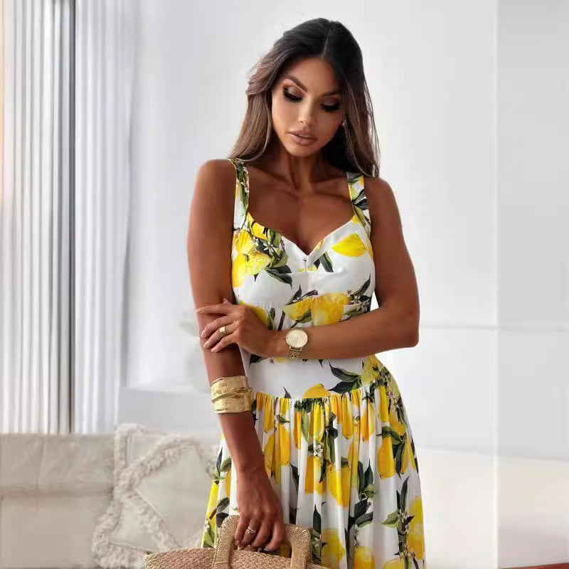 🍋Women’s Elegant Lemon Print Spaghetti Strap Flowy Long Dress