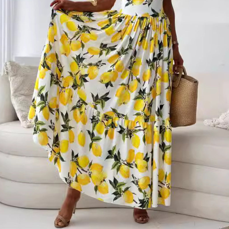 🍋Women’s Elegant Lemon Print Spaghetti Strap Flowy Long Dress