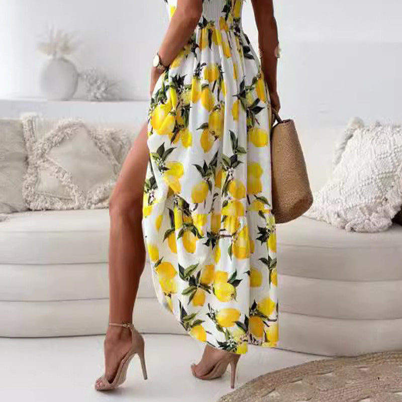 🍋Women’s Elegant Lemon Print Spaghetti Strap Flowy Long Dress