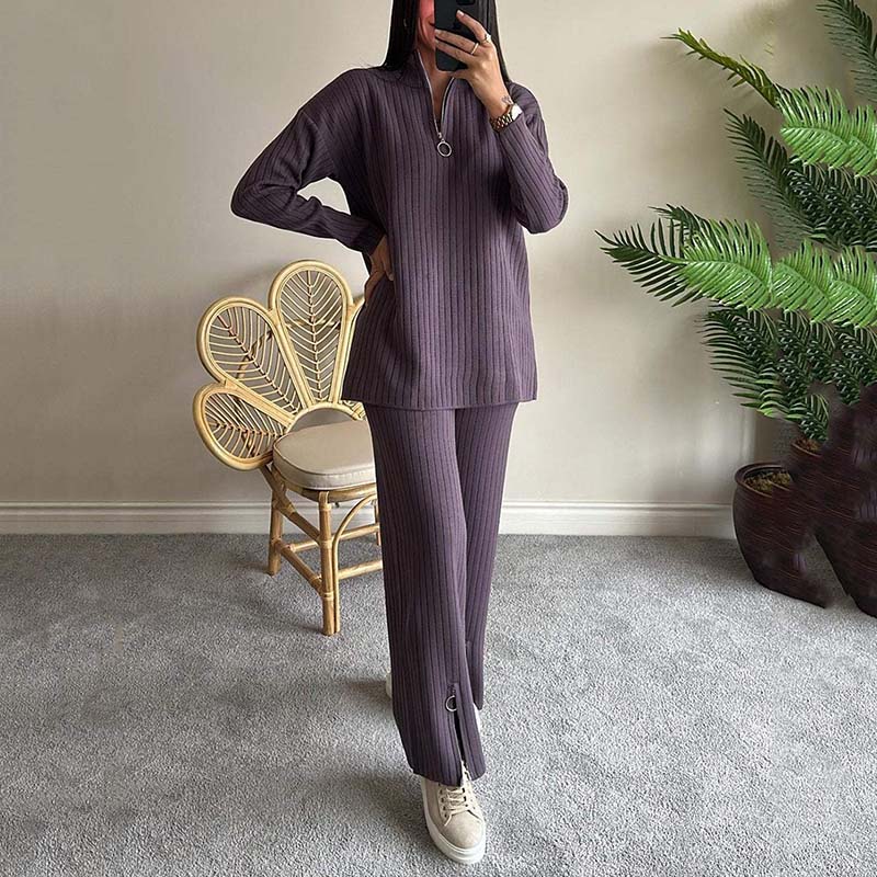 ✨New Arrival✨Women's Cozy Ribbed Knit Two-Piece Set with Slit-Leg Pants💕